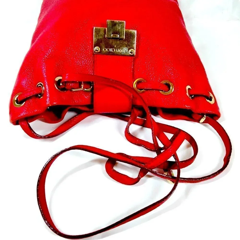Authentic Jimmy Choo Red Leather Ryad Bucket Shoulder Bag